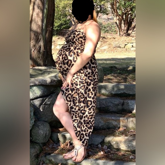 Leopard Print Strapless Smocked Hi-Lo Dress W/ Front Zipper Closure Womens Small - Picture 3 of 14